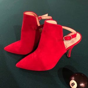 Red suede pointed backless heels, gently used